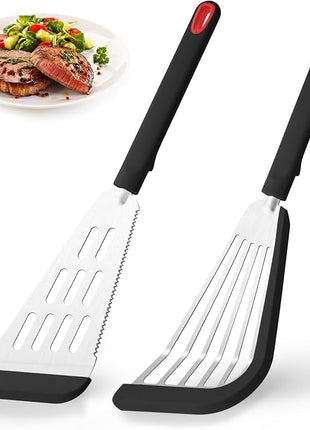 Silicone Fish Spatula Turner Set of 2,2-in-1 Heat Resistant Silicone Slotted Fish Spatulas for Nonstick Cookware,Flexible Thin Stainless Steel Slotted Fish Turner Spatula Flipper for Fish,Egg,Pancake