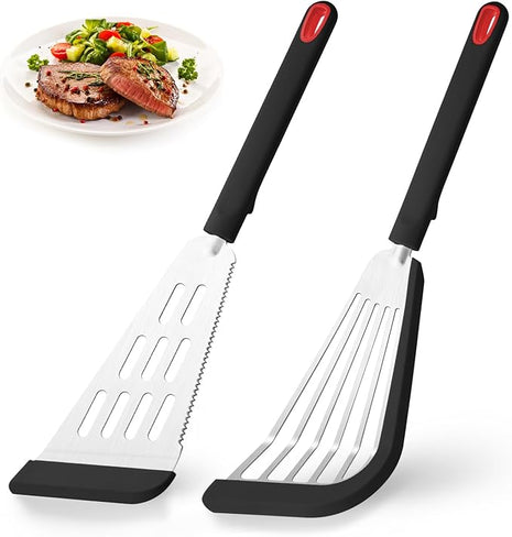 Silicone Fish Spatula Turner Set of 2,2-in-1 Heat Resistant Silicone Slotted Fish Spatulas for Nonstick Cookware,Flexible Thin Stainless Steel Slotted Fish Turner Spatula Flipper for Fish,Egg,Pancake