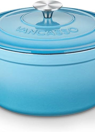 vancasso 6 QT Enameled Cast Iron Dutch Oven With Lid - Round Blue Pot With Non-Stick Enamel Coating for Bread Baking