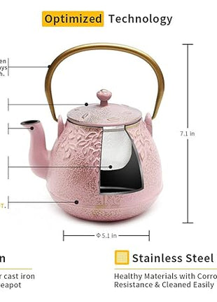 TOPTIER Japanese Cast Iron Teapot with Infuser, Stovetop Safe, Leaf Design Tea Kettle, Enameled Interior, 32 Ounce (950 ml), Blush Pink