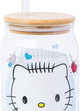 Silver Buffalo Sanrio Hello Kitty and Friends Featuring Dear Daniel 2 Pack Glass Jar Tumbler with Bamboo Lid and Glass Straw, 16 Ounces