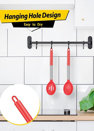 Pack of 2 Large Silicone Cooking Spoons,Non Stick Solid Basting Spoon,Heat-Resistant Kitchen Utensils for Mixing,Serving,Draining,Stirring (RED)