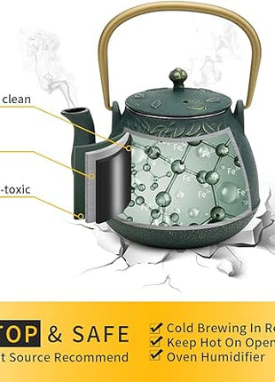 TOPTIER Japanese Cast Iron Tea Kettle with Infuser, Leaf Design Teapot Stovetop Safe Coated with Enameled Interior for 32 Ounce (950 ml), Dark Green