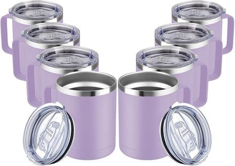 MEWAY 12oz Coffee Mug With Handle and Sliding Lid,Stainless Steel Travel Tumbler Cup with Handle,Double Wall Vacuum Insulated Camping Cup for Hot & Cold Drinks Tea (Lilac,Set of 8)
