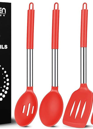 Pack of 4 Large Silicone Cooking Spatulas and Spoons, Slotted and Solid Stainless Steel Cooking Utensils Set, Non-stick Heat Resistant Kitchen for Baking, Fried, Stir-Fry, Mixing, Serving (Red)