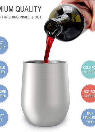 CHILLOUT LIFE 12 oz Stainless Steel Wine Tumblers 4 Pack - Double Wall Vacuum Insulated Wine Glasses Cups with Lids and Straws Set Keeping Cold & Hot for Coffee, Beer, Ice Cream - Dishwasher Safe