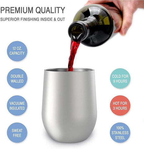 CHILLOUT LIFE 12 oz Stainless Steel Wine Tumblers 4 Pack - Double Wall Vacuum Insulated Wine Glasses Cups with Lids and Straws Set Keeping Cold & Hot for Coffee, Beer, Ice Cream - Dishwasher Safe