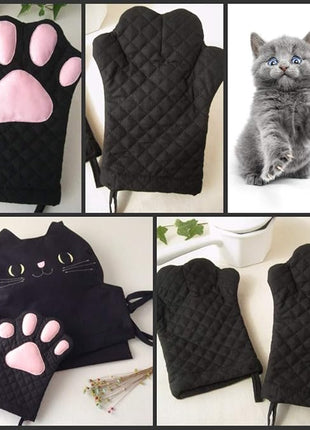 Oven Mitts,Cat Design Heat Resistant Cooking Glove Quilted Cotton Lining- Heat Resistant Pot Holder Gloves for Grilling & Baking Gloves BBQ Oven Gloves Kitchen Tools Gift Set BBQ,Microwave (Black)