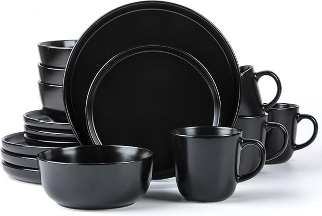 SKUGGA Round Stoneware 16pc Dinnerware Set of 4, Dinner Plates, Side Plates, Cereal Bowls, Mugs - Matte Black (472979)