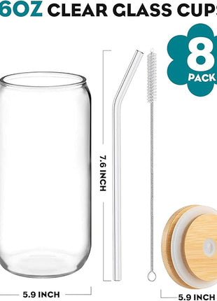 Drinking Glasses with Bamboo Lids and Glass Straw 8PCS Set, 16oz Glass Cups with Lids and Straws, Beer, Iced Coffee Glasses, Soda, Gift 2 Cleaning Brushes
