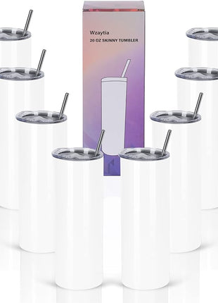 8 Pack 20 Oz Straight Skinny Tumblers,Individually Gift Boxed Stainless Steel Slim Skinny Tumbler Set Bulk, 20 Oz Insulated Slim Thin Travel Tumbler Cup for Diy, White