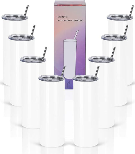 8 Pack 20 Oz Straight Skinny Tumblers,Individually Gift Boxed Stainless Steel Slim Skinny Tumbler Set Bulk, 20 Oz Insulated Slim Thin Travel Tumbler Cup for Diy, White