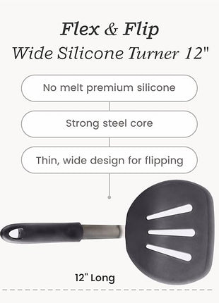 StarPack Premium Flexible Wide Silicone Turner Spatula - High Heat Resistant to 600°F, Hygienic One Piece Design, Non Stick Rubber Kitchen Utensil for Fish, Egg, Pancakes, Cookies & more (Stormy Grey)
