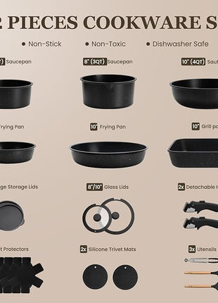 KIKCOIN 22 Pcs Pots and Pans Set Non Stick, Detachable Handle Cookware Sets Nonstick, RV Kitchen Cooking Set with Removable Handles, Frying Pans - Induction/Dishwasher/Oven Safe (Black)