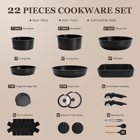 KIKCOIN 22 Pcs Pots and Pans Set Non Stick, Detachable Handle Cookware Sets Nonstick, RV Kitchen Cooking Set with Removable Handles, Frying Pans - Induction/Dishwasher/Oven Safe (Black)