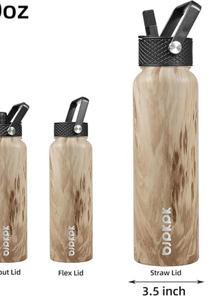 BJPKPK Insulated Water Bottles with Straw Lid, 40oz Stainless Steel Water Bottles with 3 Lids, BPA Free Leakproof Thermo, Tumblers, Cups for Sports-Wood Yellow Gray