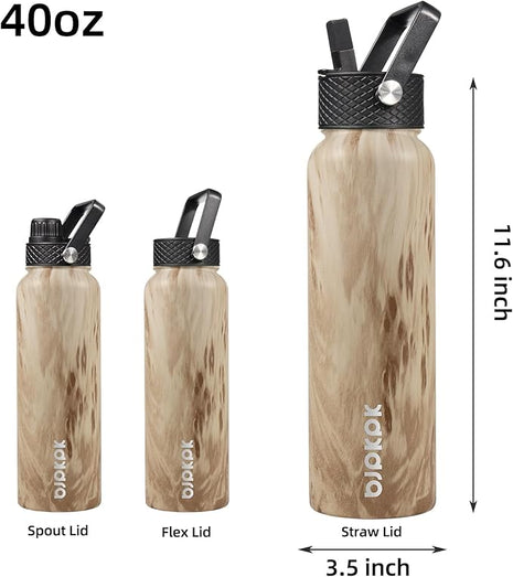 BJPKPK Insulated Water Bottles with Straw Lid, 40oz Stainless Steel Water Bottles with 3 Lids, BPA Free Leakproof Thermo, Tumblers, Cups for Sports-Wood Yellow Gray