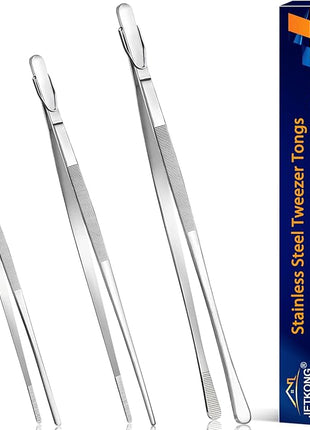 JETKONG 3 Pcs Kitchen Tweezers Tongs, Stainless Steel Cooking Tweezers, 8+10+12 Inch Ideal for meat, pasta, plating and pinching delicate small pieces of food (Silver)