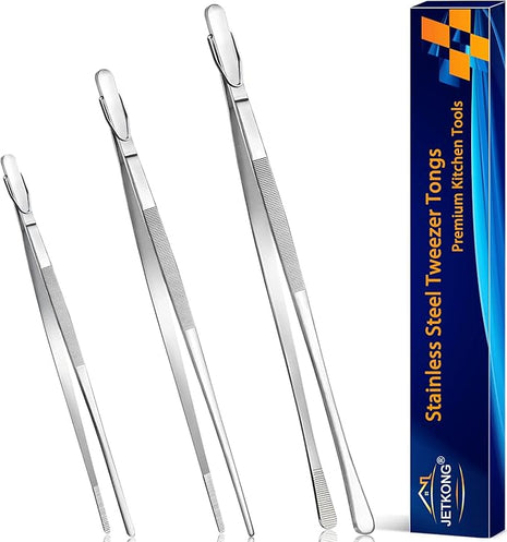JETKONG 3 Pcs Kitchen Tweezers Tongs, Stainless Steel Cooking Tweezers, 8+10+12 Inch Ideal for meat, pasta, plating and pinching delicate small pieces of food (Silver)