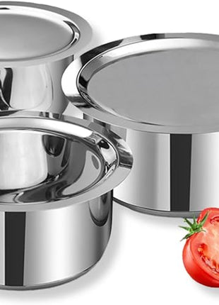 Vinod Stainless Steel 3 pc Pot Set with Capacity of 1.4 litres, 1.8 litres & 2.2 litres with Stainless Steel Lids (Gas Stove and Induction Friendly) - Silver,