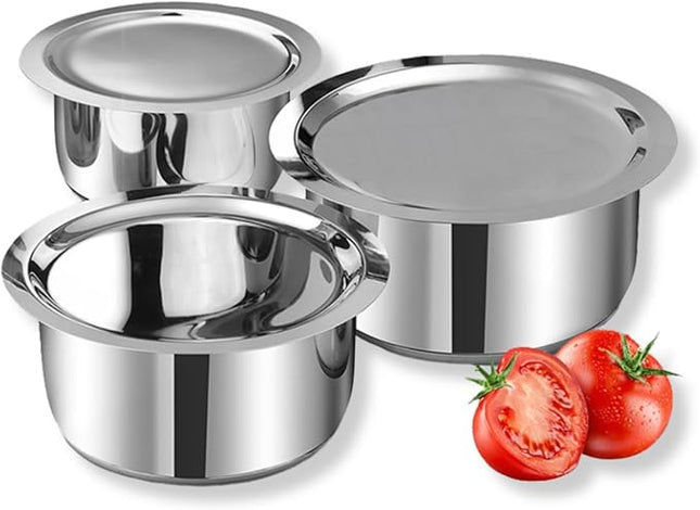 Vinod Stainless Steel 3 pc Pot Set with Capacity of 1.4 litres, 1.8 litres & 2.2 litres with Stainless Steel Lids (Gas Stove and Induction Friendly) - Silver,