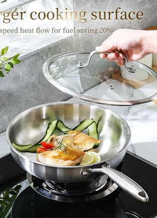 DELARLO Tri-ply Stainless Steel Frying Pan Set with Lid 8" 10" Induction large Skillets Chef's Pan,Pots and Pans Set Kitchen Cookware Set Suitable for All Stove