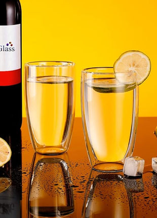 CNGLASS Double Wall Thermo Glass Coffee Cup 13.5 oz,Clear Insulated Glass Coffee Mug for Latte Cappuccino Tea Milk,Set of 4