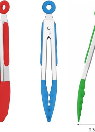 7-Inch Silicone Tongs Pack of 3, Small Tongs with Silicone Tips for Cooking, Barbecue, Buffet Serving (7", RGB)