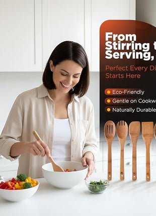 Riveira Dark Bamboo Wooden Spoons for Cooking 6-Piece, Apartment Essentials Wood Spatula Spoon Nonstick Kitchen Utensil Set Premium Quality Housewarming Gifts for Everyday Use