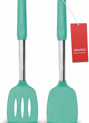 2 Pack Spatulas, Solid & Slotted Silicone Spatula Set, Stainless Steel Handle Coated with Silicone, Non Stick Turners, Heat Resistant Rubber Spatulas for Fish, Eggs, Pancakes, WOK, Teal