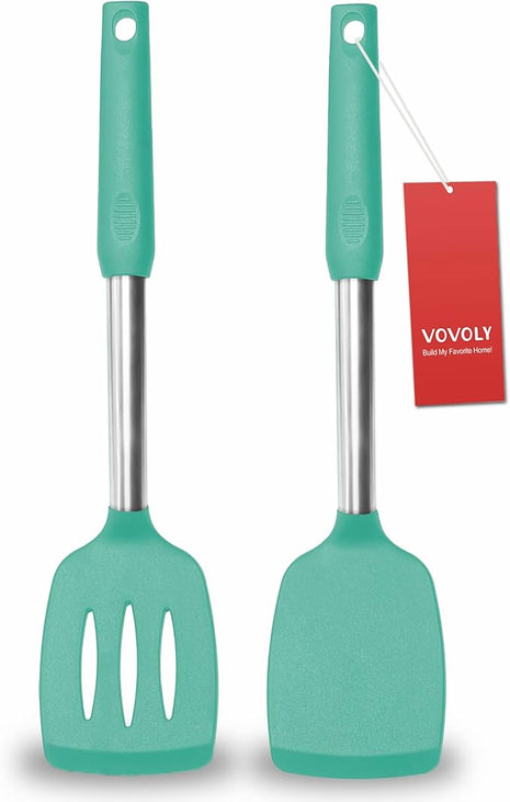 2 Pack Spatulas, Solid & Slotted Silicone Spatula Set, Stainless Steel Handle Coated with Silicone, Non Stick Turners, Heat Resistant Rubber Spatulas for Fish, Eggs, Pancakes, WOK, Teal
