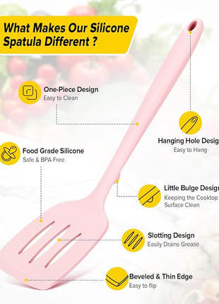 Pack of 2 Silicone Spatula Turners, Non Stick Slotted Kitchen Spatula Set, Heat Resistant BPA Free Kitchen Utensils, One-Piece Design, Suitable for Flipping Fish, Eggs, Steak, Pancakes (PINK)