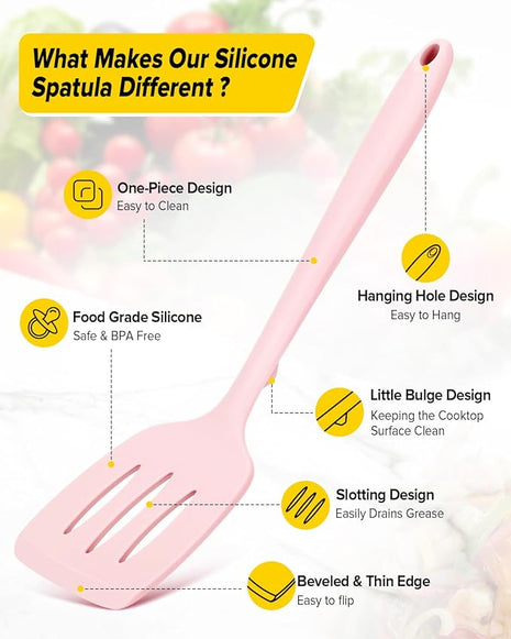 Pack of 2 Silicone Spatula Turners, Non Stick Slotted Kitchen Spatula Set, Heat Resistant BPA Free Kitchen Utensils, One-Piece Design, Suitable for Flipping Fish, Eggs, Steak, Pancakes (PINK)