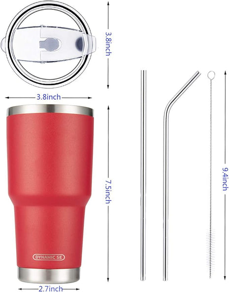 D·S 30oz Red Tumbler Stainless Steel Double Wall Vacuum Insulated Mug with Straw and Lid, Cleaning Brush for Cold and Hot Beverages (30oz Red)