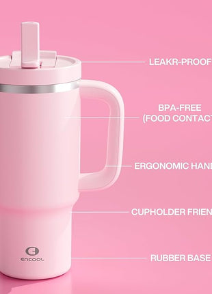 32 oz Tumbler with Handle and Straw: Stainless Steel Insulated Tumbler Keeps Cold for 24 Hours, Leakproof Travel Cup Fits in Cup Holder and BPA-Free, Cotton Candy