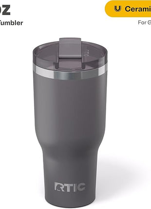 RTIC 40oz Essential Tumbler with Lid, Ceramic Lined, Insulated, Stainless Steel, Metal, Double Wall Vacuum-Insulation, Travel Cup for Iced Coffee, Tea, Hot and Cold Drink, Graphite