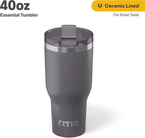 RTIC 40oz Essential Tumbler with Lid, Ceramic Lined, Insulated, Stainless Steel, Metal, Double Wall Vacuum-Insulation, Travel Cup for Iced Coffee, Tea, Hot and Cold Drink, Graphite
