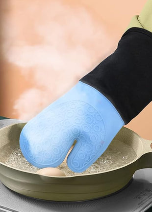 sungwoo Extra Long Silicone Oven Mitts, Heat Resistant Oven Gloves with Quilted Liner Non-Slip Textured Grip Perfect for BBQ, Baking, Cooking and Grilling - 1 Pair 14.6 Inch Sky Blue & Black