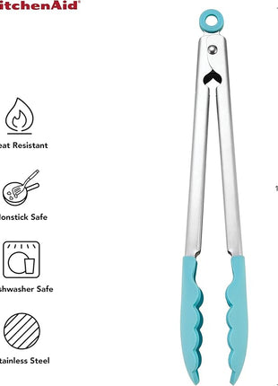 KitchenAid Silicone Tipped Stainless Steel Tongs, 12 Inch, Aqua Sky
