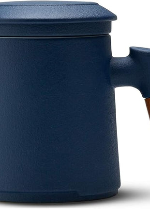 ZENS Tea Cup with Infuser and Lid for Loose Leaf Tea Steeper, 12oz Blue Ceramic Tea Mug with Fine Strainers, Wood Handle, Tea Lovers Gifts