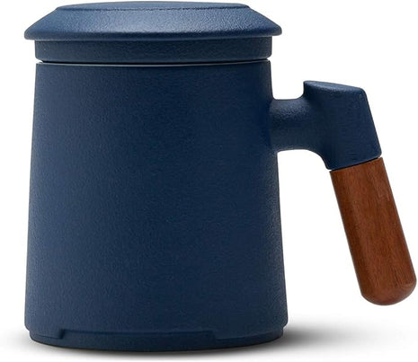 ZENS Tea Cup with Infuser and Lid for Loose Leaf Tea Steeper, 12oz Blue Ceramic Tea Mug with Fine Strainers, Wood Handle, Tea Lovers Gifts