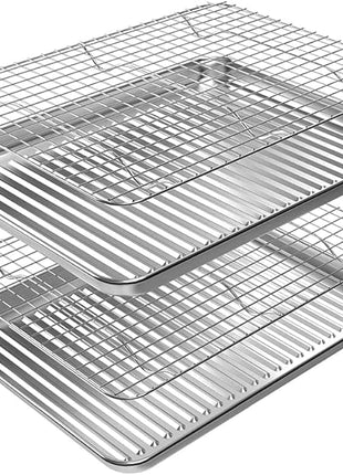 ROTTAY Quarter Baking Sheet Pan with Wire Rack Set [2 Pans + 2 Racks], Stainless Steel Cookie Sheet for Oven, Warp Resistant & Heavy Duty & Rust Free, Size 12 x 10 x 1 Inches