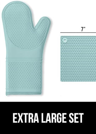GORILLA GRIP BPA-Free Soft Silicone Oven Mitts and Pot Holders Sets of 4, Heat Resistant Waterproof Cooking Gloves, Thick Cotton Lining, Flexible Gripping for Baking Grilling, Kitchen Trivets, Mint