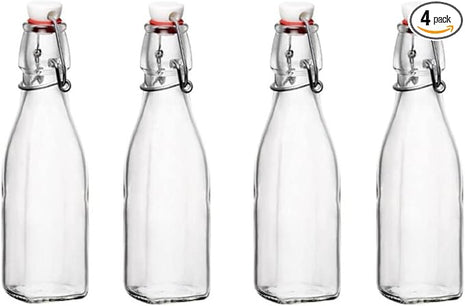 Bormioli Rocco Swing Top Glass Bottle (Set of 4) - 8.5 oz Reusable Container with Secure Metal Clasp, Ideal for Homemade Juices, Oil Infusions, Condiments, Mixers - Everyday Drinking Glasses