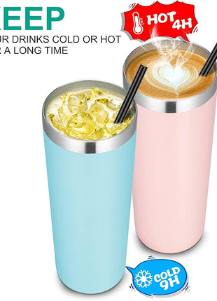 VEGOND Stainless Steel Tumblers Bulk 12 Pack, 20 oz Vacuum Insulated Skinny Tumblers with Lid and Straw, Double Wall Coffee Mug, Travel Water Cup, Light Pink