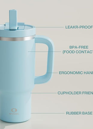 ENCOOL 32 oz Tumbler with Handle and Straw: Stainless Steel Insulated Tumbler Keeps Cold for 24 Hours, Leakproof Travel Cup Fits in Cup Holder and BPA-Free,Pewter Blue