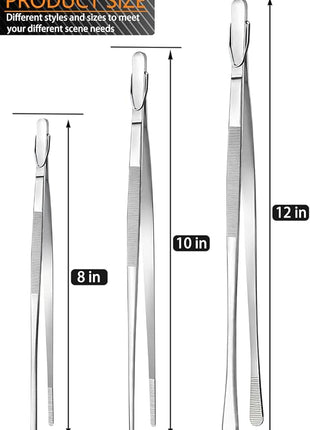 JETKONG 3 Pcs Kitchen Tweezers Tongs, Stainless Steel Cooking Tweezers, 8+10+12 Inch Ideal for meat, pasta, plating and pinching delicate small pieces of food (Silver)