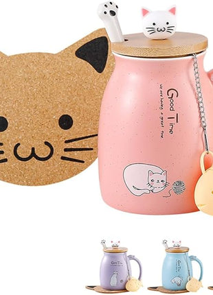BigNoseDeer Kawaii Tea Cup with Infuser Cute Cat Mug Ceramic Coffee Mug Tea Mug Pink Cute Cool Preppy Stuff Gifts for Women Cat lover Gifts 13oz