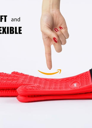 Kitchen Oven Gloves - Dual-Layer Heat Resistant Grilling Gloves, Silicone Oven Mitts with 5 Fingers, Waterproof Non-Slip Pot Holder for Barbecue, Cooking, Baking (Red)