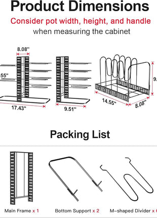 MUDEELA Pots and Pans Organizer Rack under Cabinet 14.55in Height, 8-Tiers Adjustable Pot Rack with 3 DIY Methods, Pot Lid Organizer inside Cabinet for Kitchen Pantry Organization and Storage